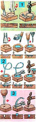Приемы и последовательность выполения насечки: 1 - насечка продольной полоски металла; 2 - врезание и закрепление круглой бляшки; 3 - торцовая насечка полоской.